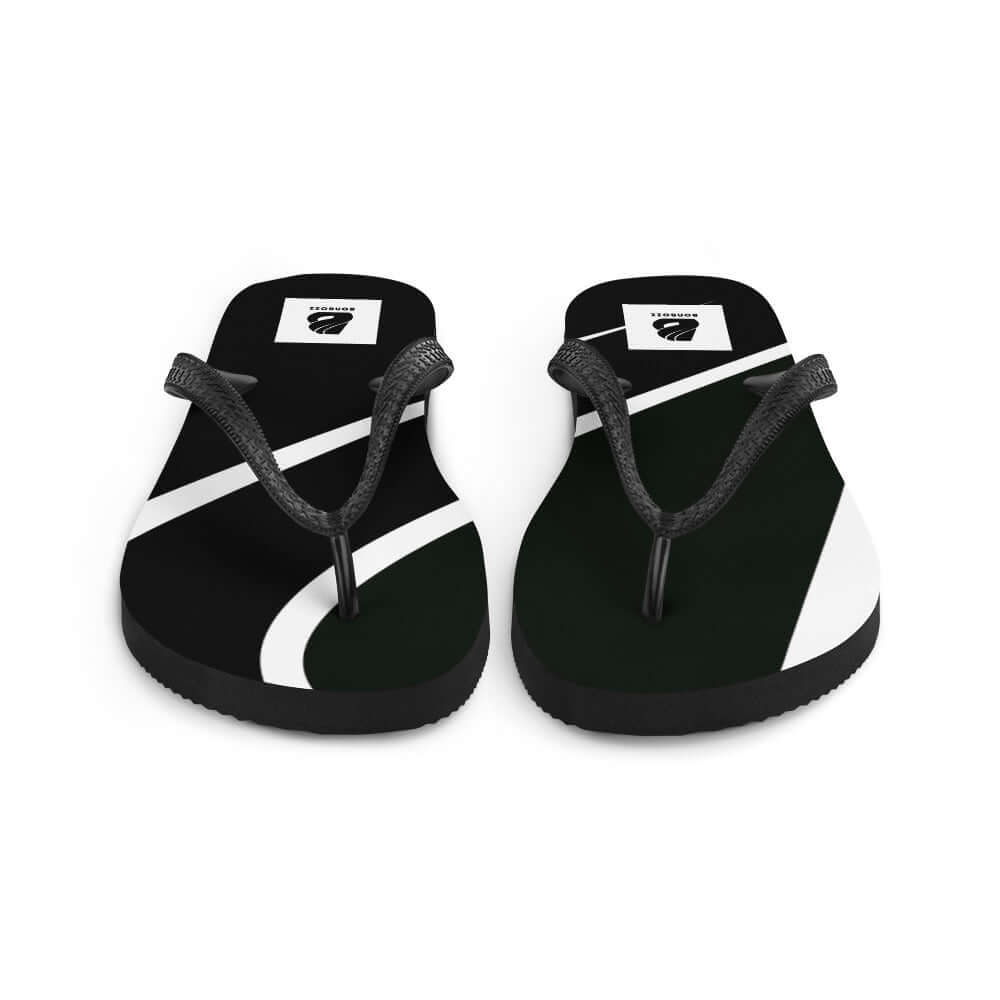 Stylish Flip-Flops N°0 with black and white design, featuring soft fabric over rubber sole and Y-shaped straps.