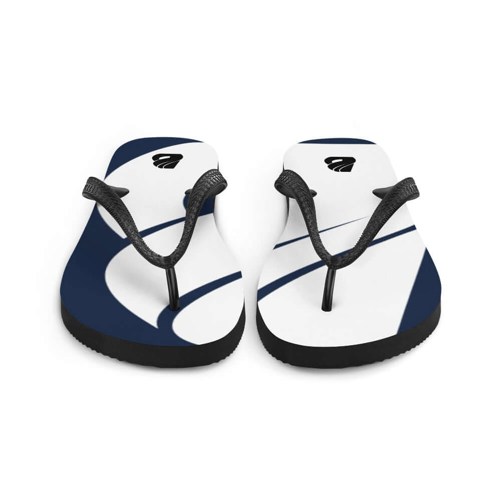 Flip-Flops N°1 with black straps and abstract design, ideal for summer adventures, featuring comfortable rubber soles and polyester cover.