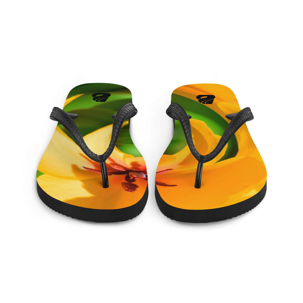 Bright colorful Flip-Flops N°5 with floral design and black straps for summer adventures.