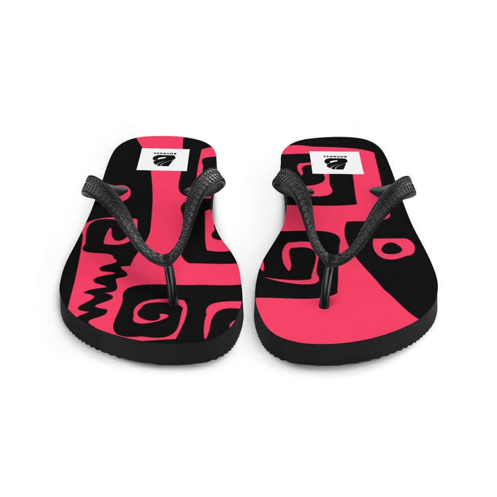Flip-Flops N°7 vibrant pink and black design with comfortable rubber sole and Y-shaped straps for summer adventures.