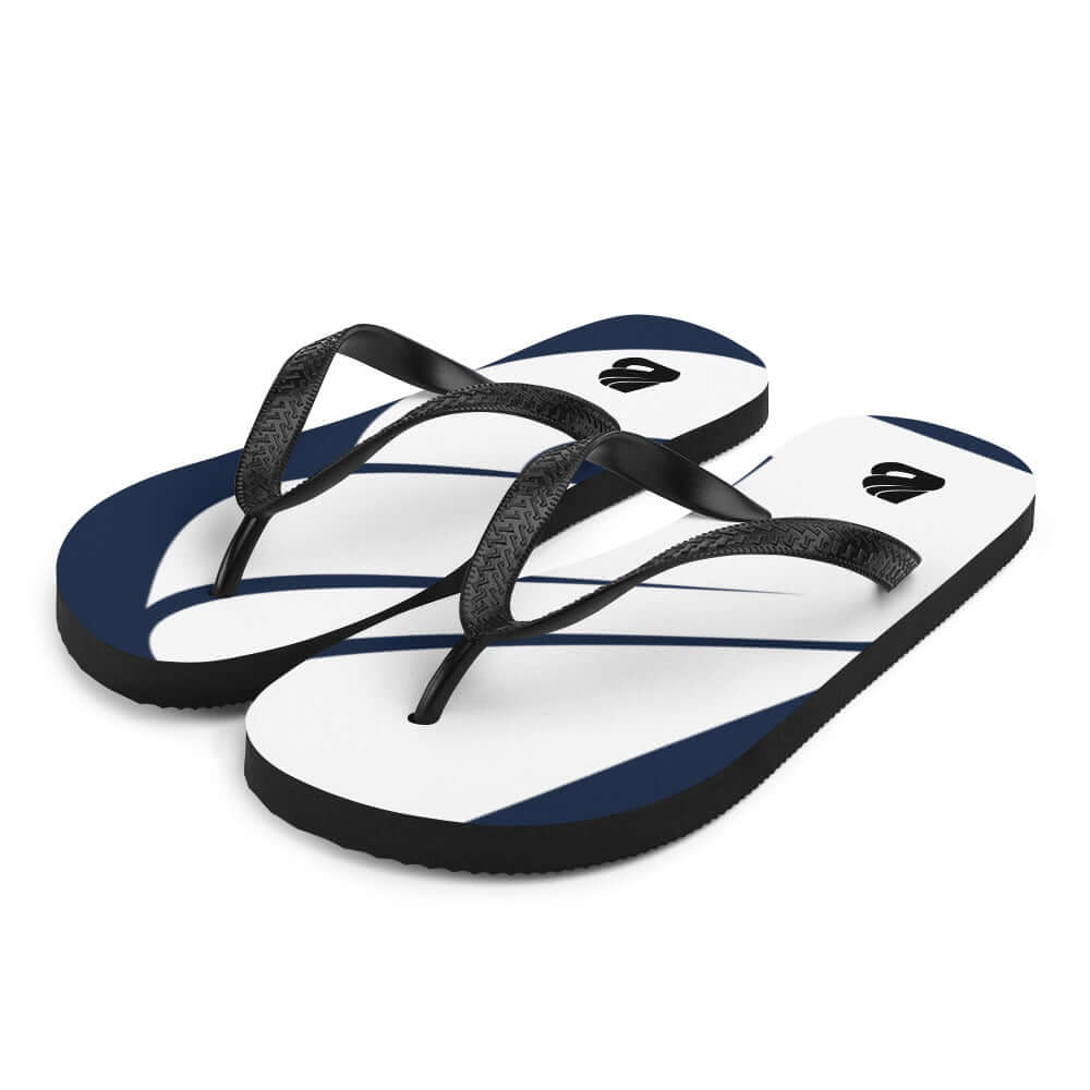 Flip-Flops N°1 with blue and white design, soft fabric on rubber sole, black Y-shaped straps, perfect for summer adventures.