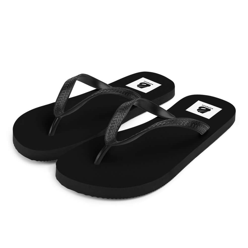 Alt Tag: Black Flip-Flops N°8 with soft polyester-covered rubber soles for comfort, featuring black Y-shaped straps.