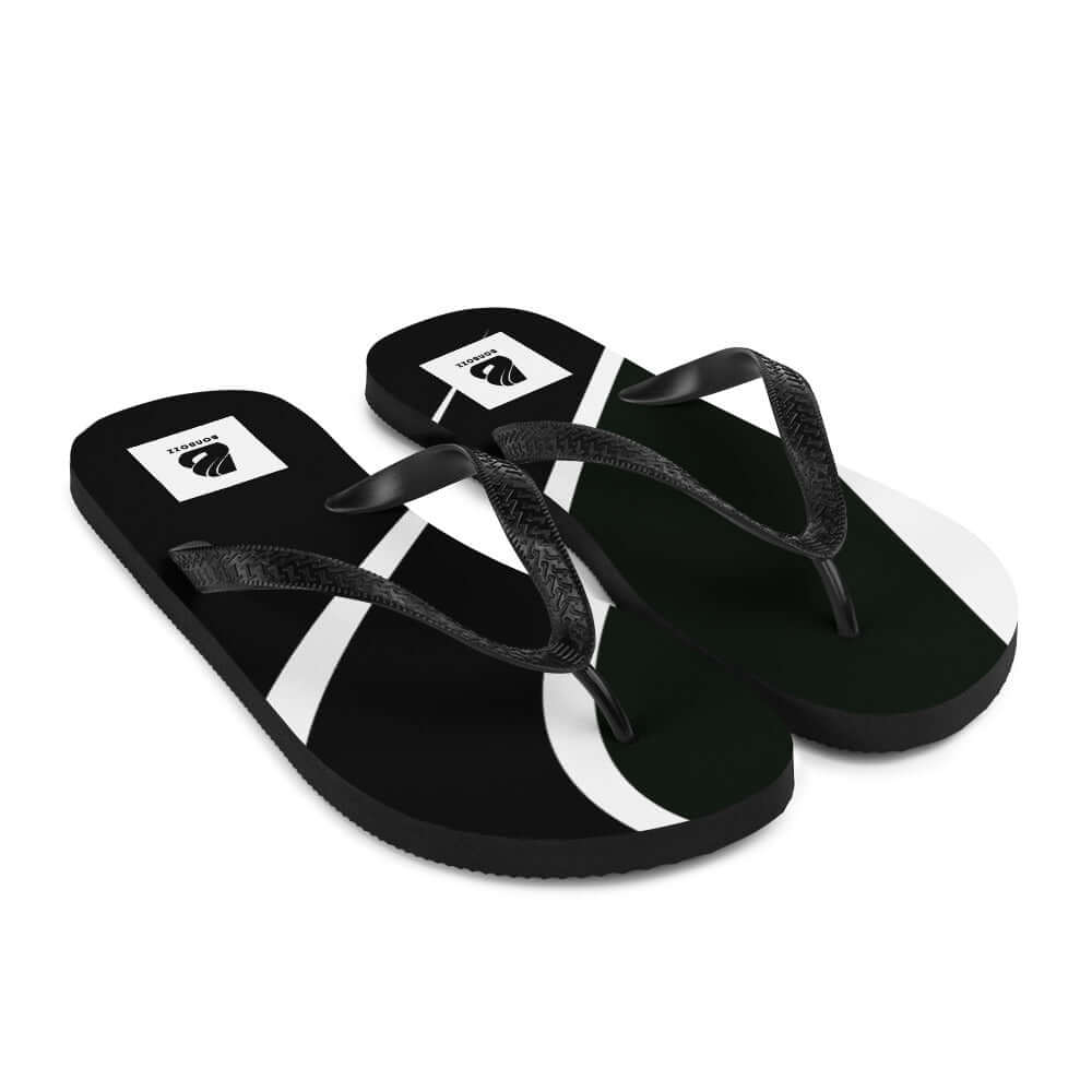 Flip-Flops N°0 with black and white design, soft polyester cover, black Y-shaped rubber straps, ideal for summer adventures