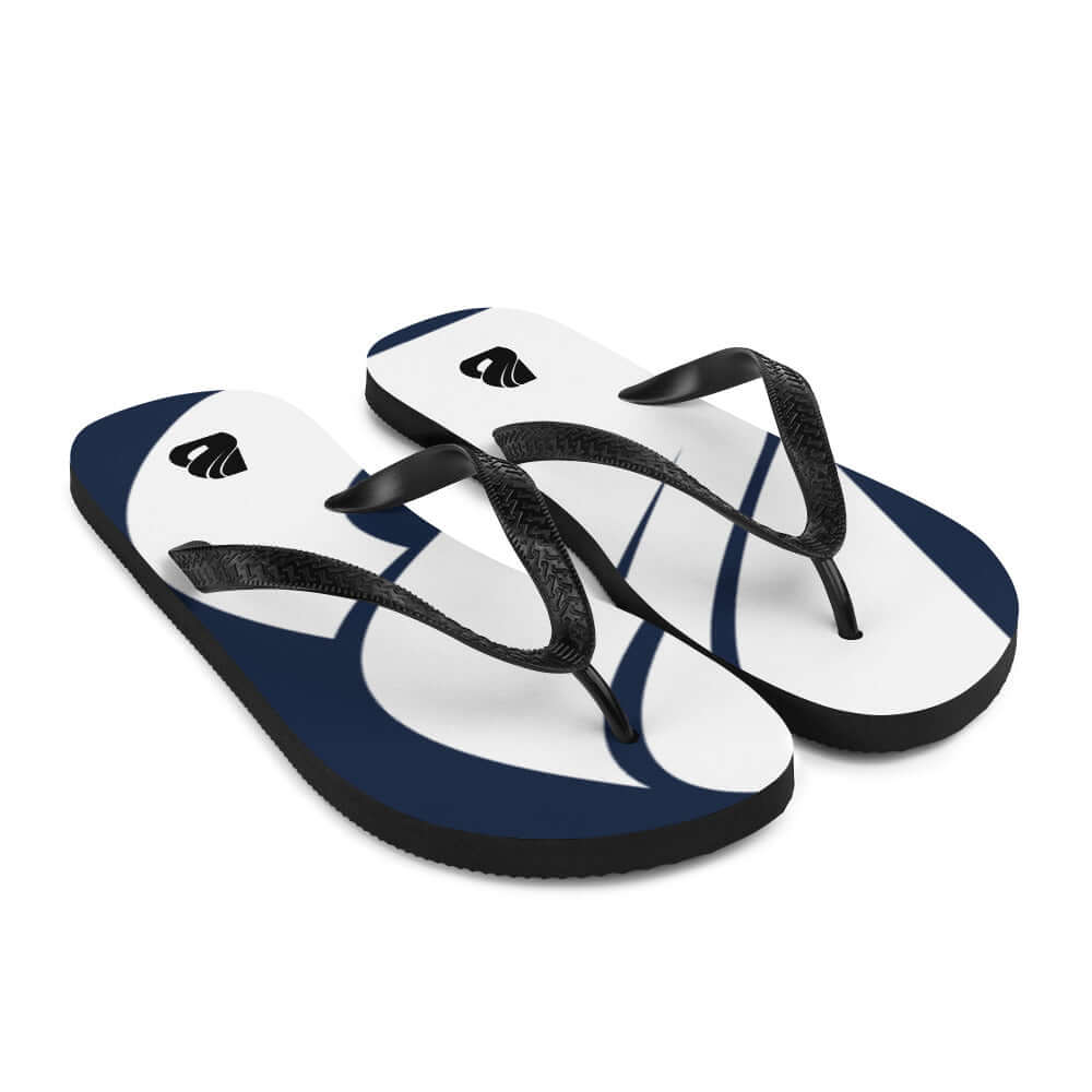 Flip-Flops N°1 featuring a stylish blue and white design with black straps, ideal for summer adventures.
