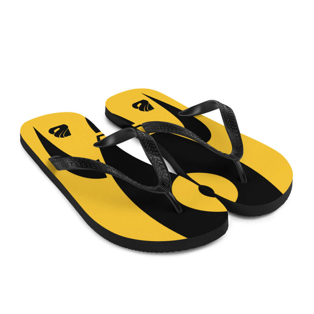 Flip-Flops N°6 with black and yellow design, featuring comfortable rubber sole and polyester overlay for summer adventures