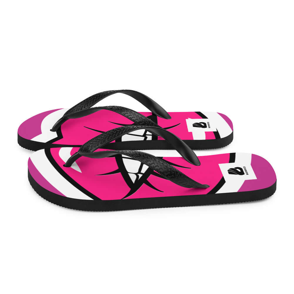 Flip-Flops N°2 with pink and black design, rubber sole, soft fabric lining, and black Y-shaped straps for summer comfort.