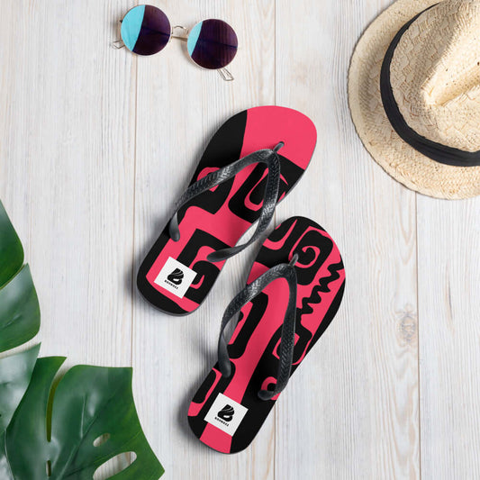 Flip-Flops N°7 colorful summer sandals with black straps and rubber sole on wooden surface with sunglasses and hat