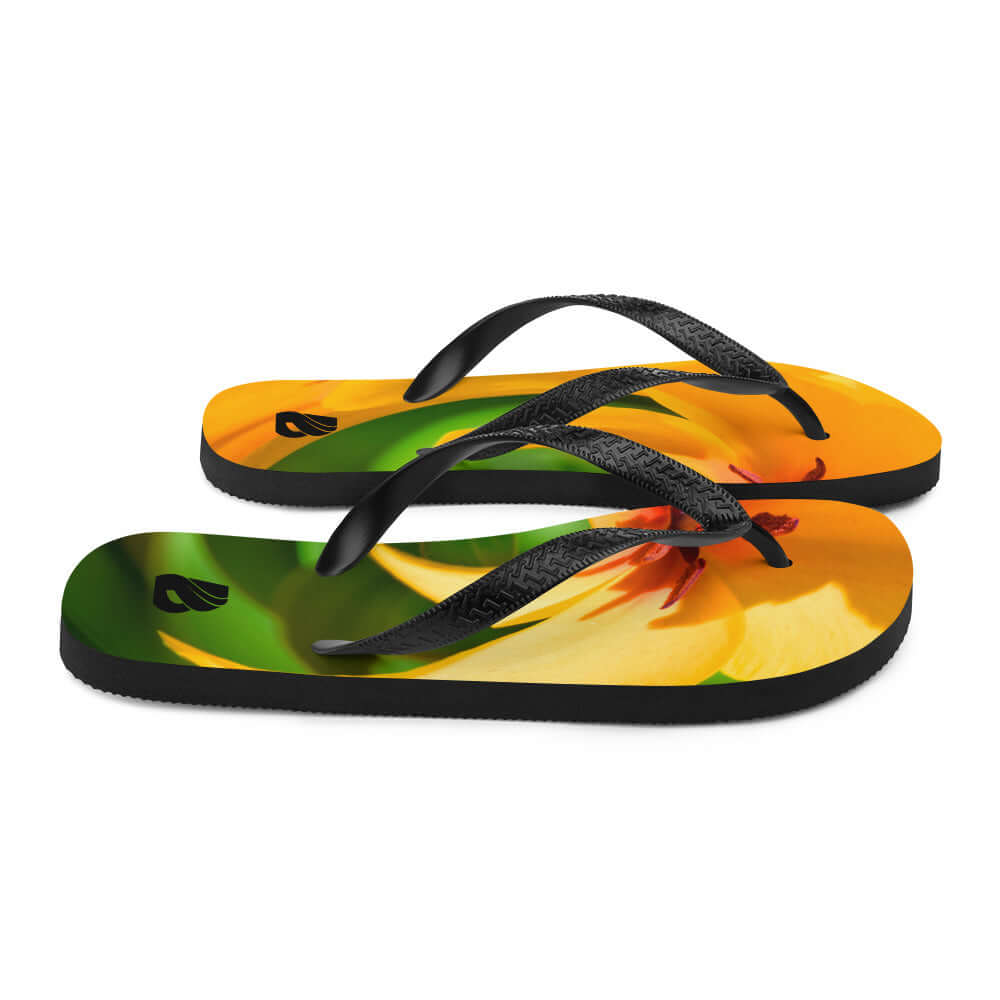 Colorful Flip-Flops N°5 with black Y-shaped straps, designed for comfort with a soft fabric-covered rubber sole, perfect for summertime.