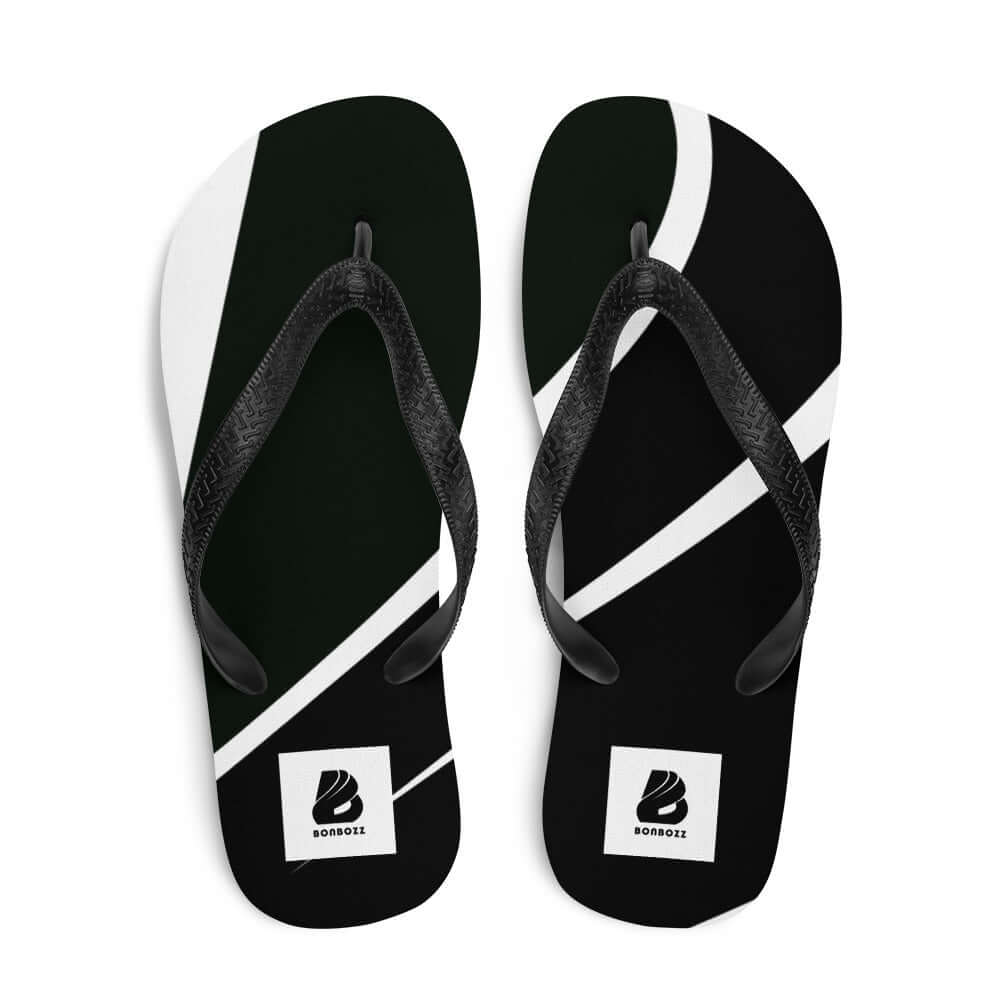 Flip-Flops N°0 with black and white design, featuring black Y-shaped straps on a soft polyester cover and comfortable rubber sole.