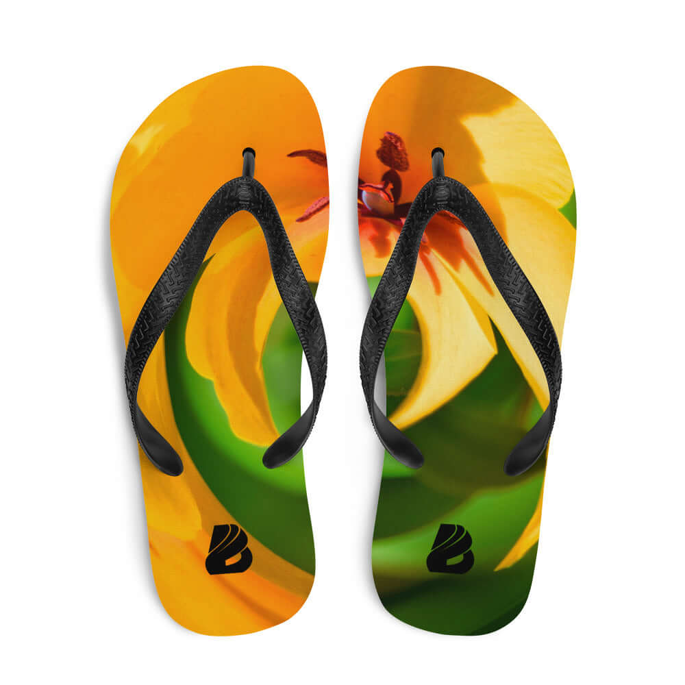 Flip-Flops N°5 with colorful floral design and black Y-shaped straps, perfect for summer adventures, featuring a comfortable rubber sole.