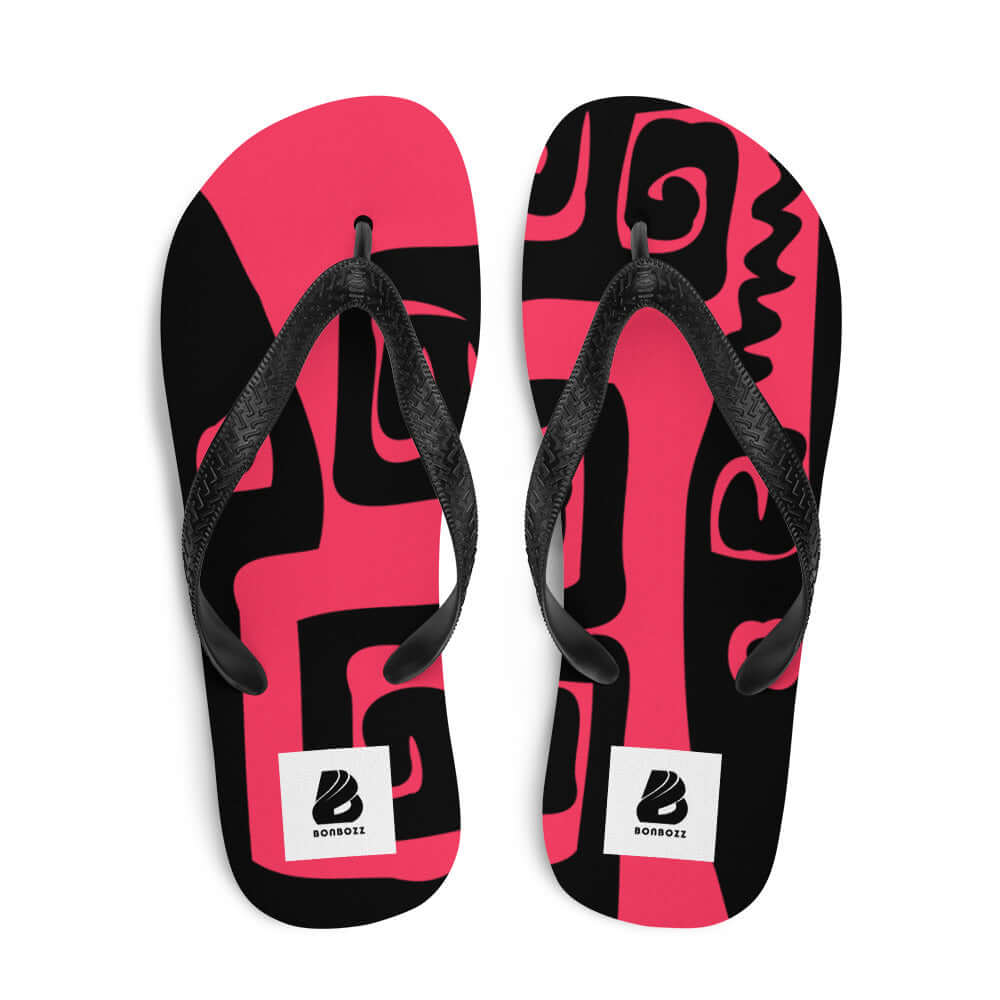 Flip-Flops N°7 with black and pink abstract design, featuring comfortable black Y-shaped rubber straps.