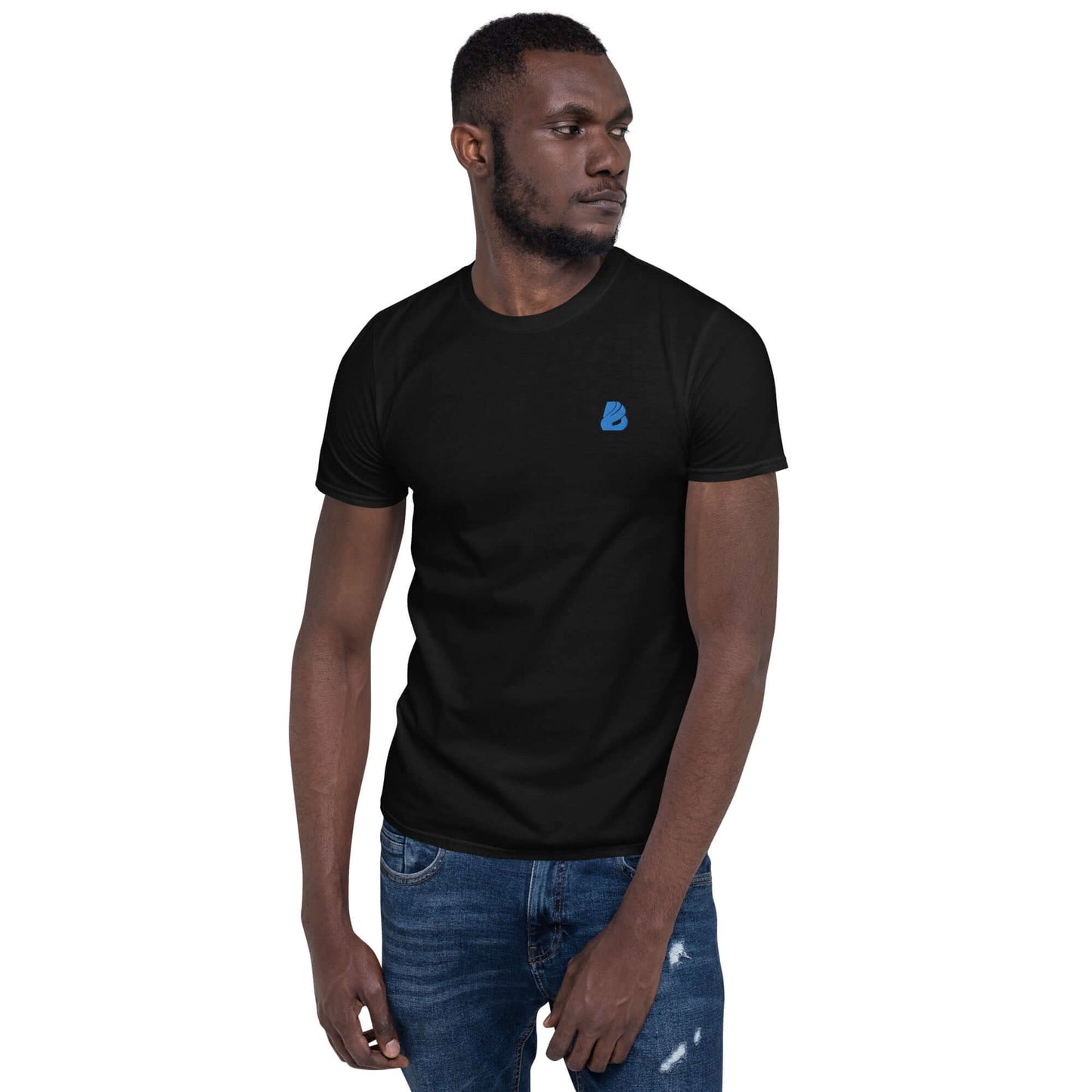 Kurzärmeliges Unisex-T-Shirt N°6 in black worn by model, showcasing soft durable cotton fabric with double-stitched neckline and sleeves.