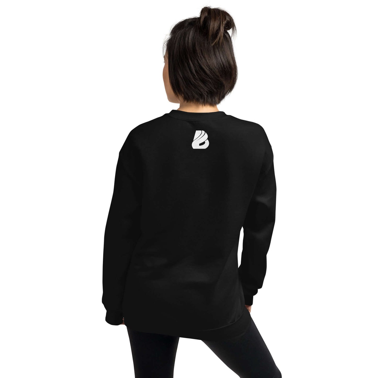 Person wearing Unisex-Pullover N°27, black durable sweater, back view.