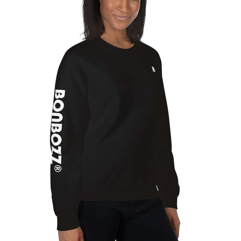 Unisex-Pullover N°13 in black with Bonbozz® logo, made from pre-shrunk cotton-polyester blend, ideal for keeping warm in winter.