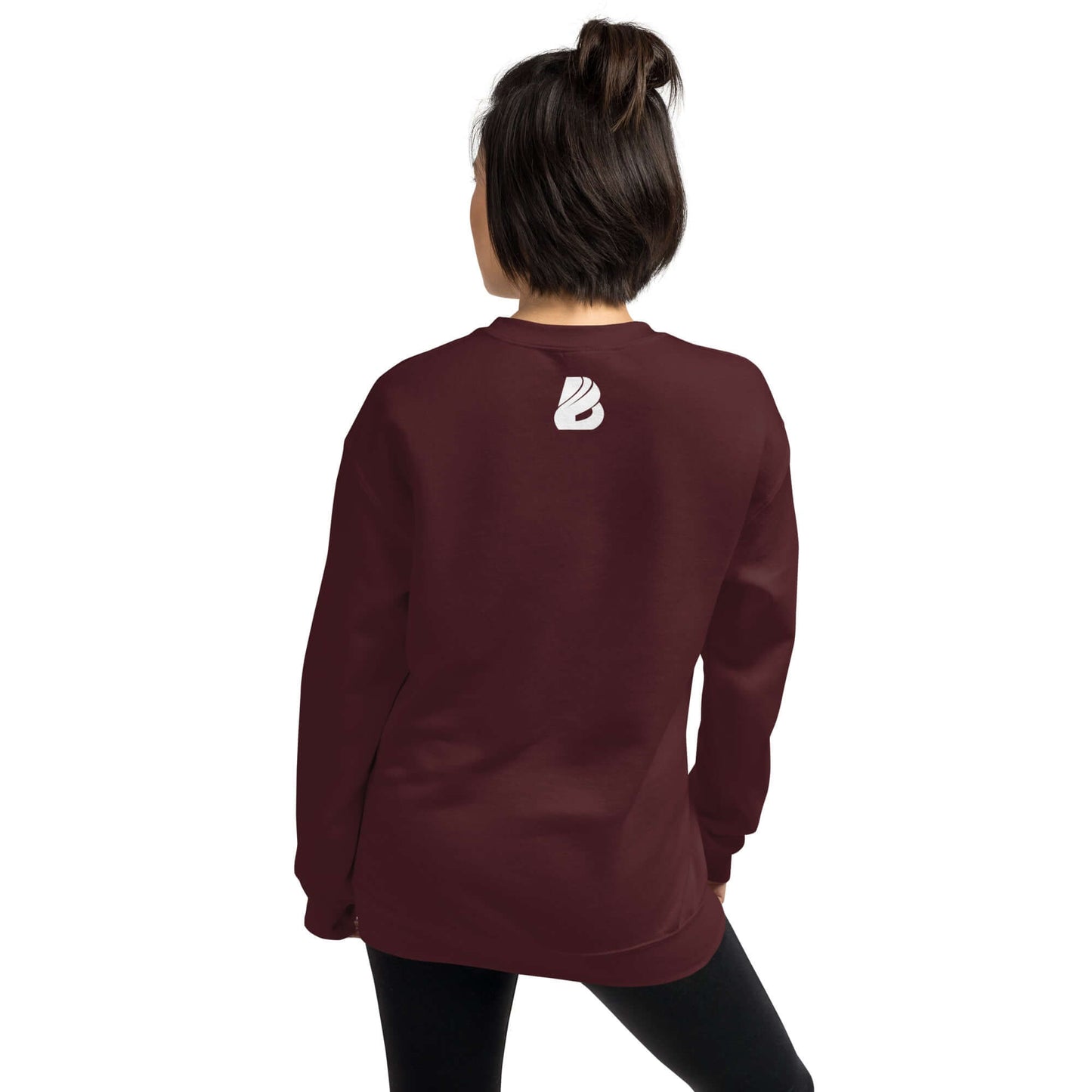 Back view of a person wearing a maroon Unisex-Pullover N°27, featuring a soft, durable material ideal for cold weather comfort.