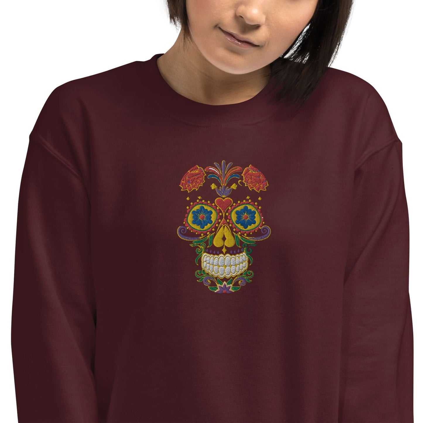 Unisex-Pullover N°27 with colorful skull design on the front, providing warmth and comfort with its high-quality cotton-polyester blend.