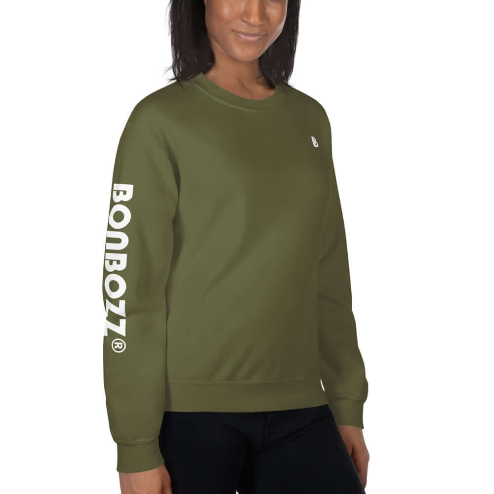 Unisex-Pullover N°13 in green worn by model, featuring durable, soft fabric and stylish design for warmth in cold months.