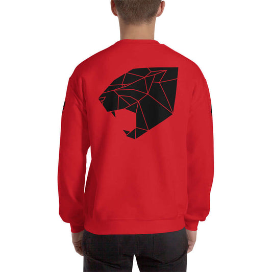 Red Unisex-Pullover N°0 with black geometric lion design on the back, made from 50% cotton and 50% polyester with a soft feel.