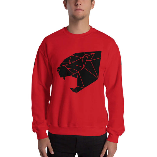 Unisex-Pullover N°0 in vibrant red with black geometric design, featuring a durable and warm fabric blend for cold months, classic fit.