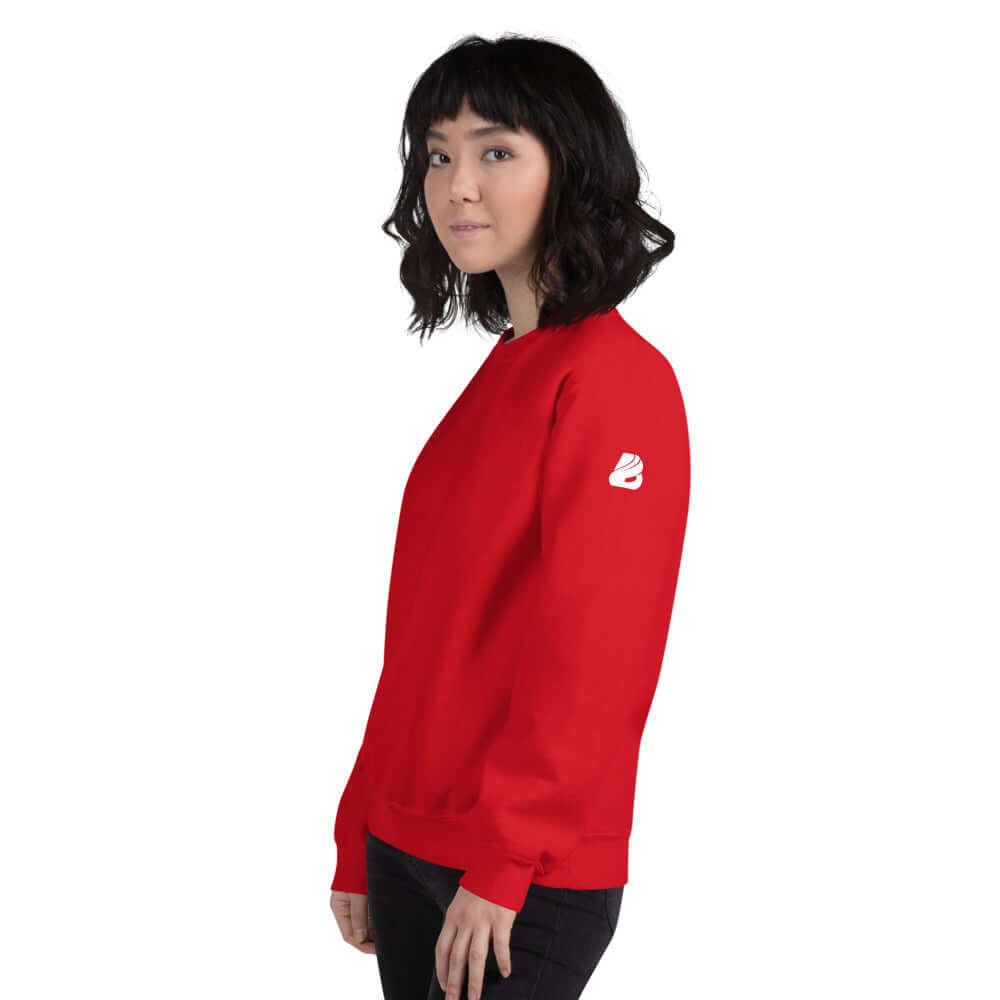 Unisex-Pullover N°5 in red, showing side profile with classic sporty style and ribbed details, ideal for warmth and comfort.