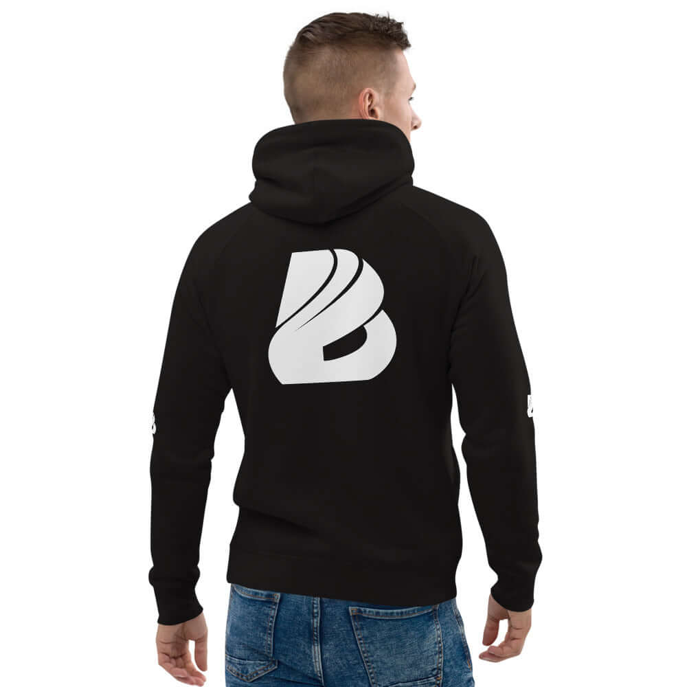 Back view of a person wearing Unisex Kapuzenpullover N°35 with a white logo, featuring organic cotton and recycled polyester blend.