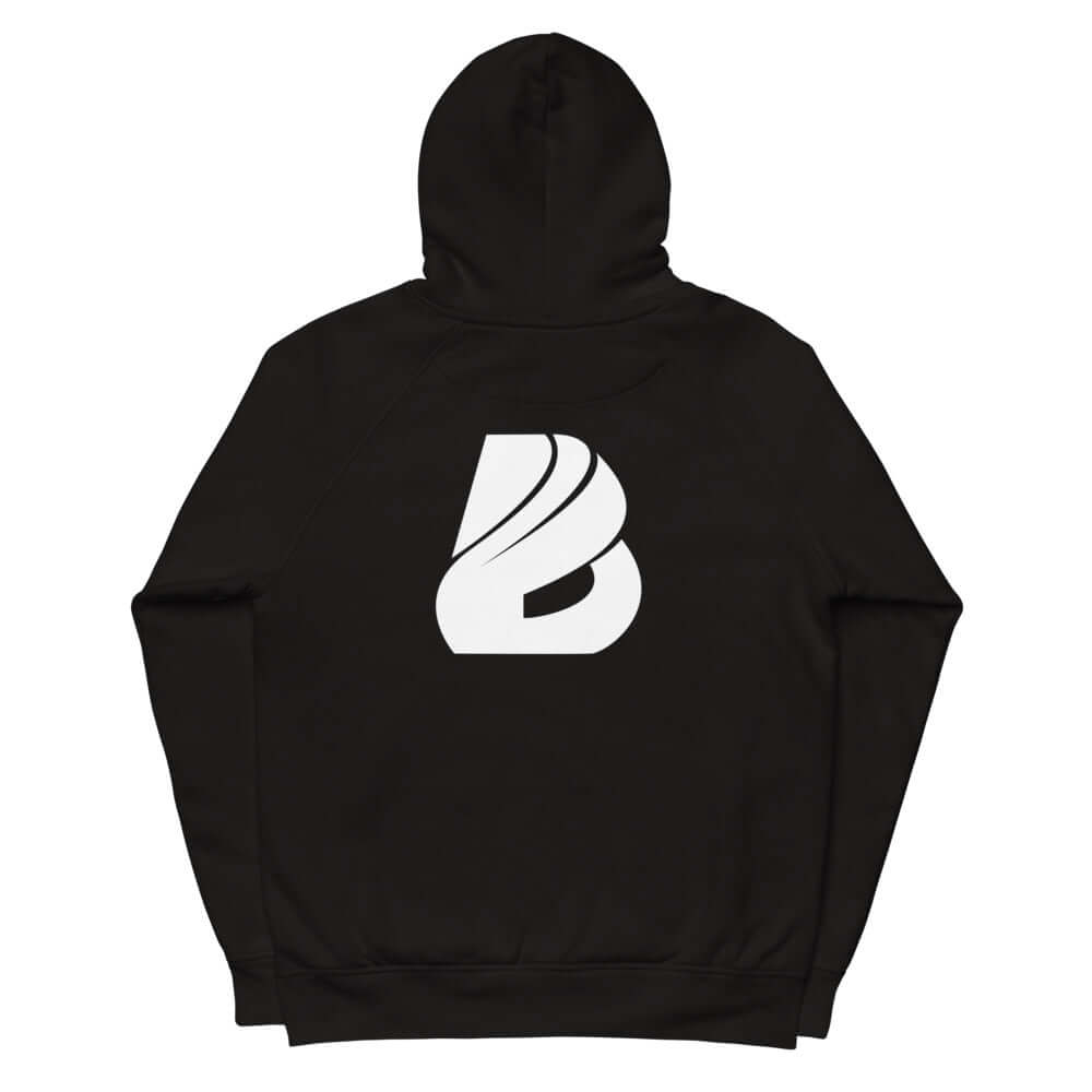 Unisex Kapuzenpullover N°35 in black with logo, made from organic cotton and recycled polyester, featuring side pockets and soft fabric.