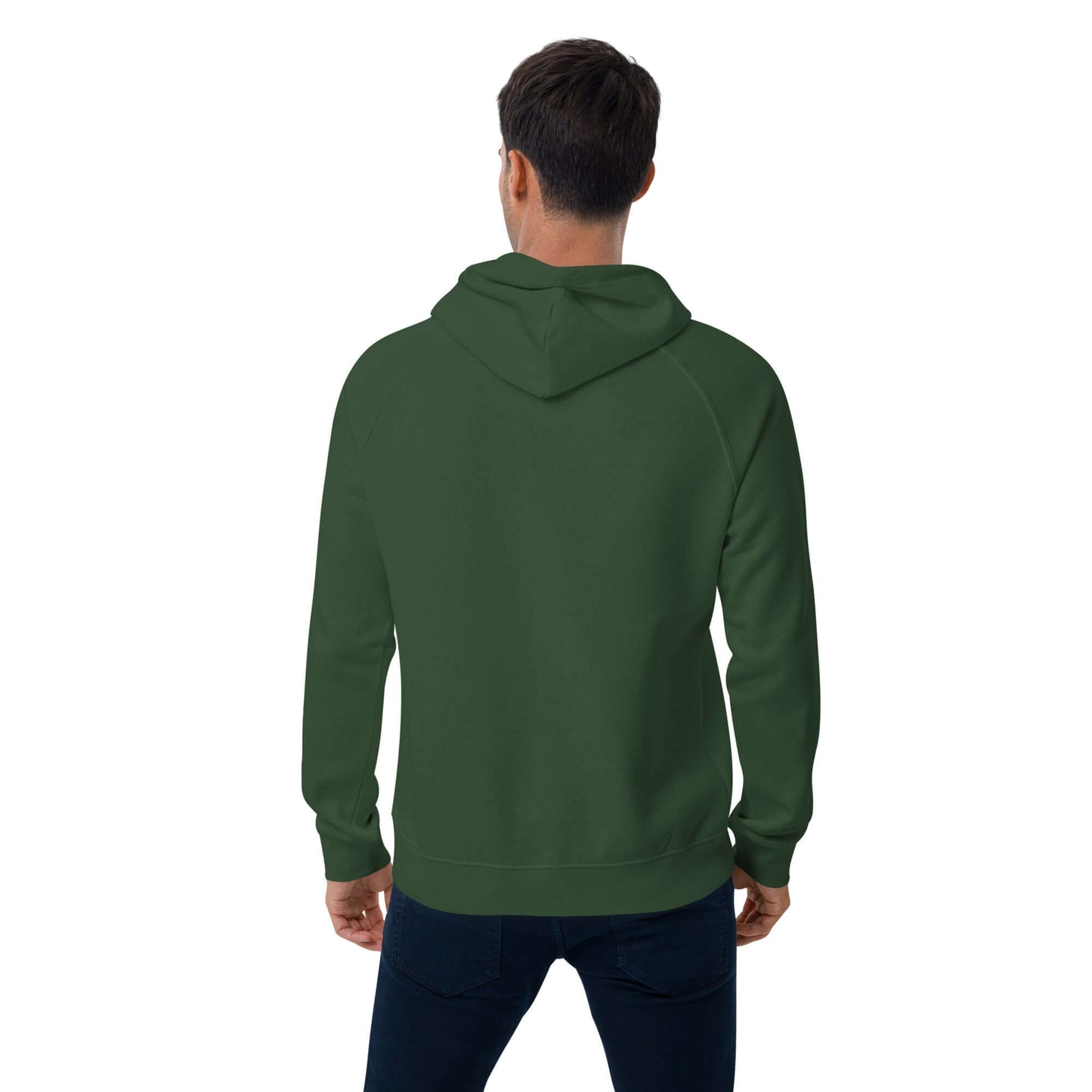 Person wearing green Unisex Bio-Raglan-Hoodie N°0, showcasing back view in a stylish combination with dark jeans for a casual look.