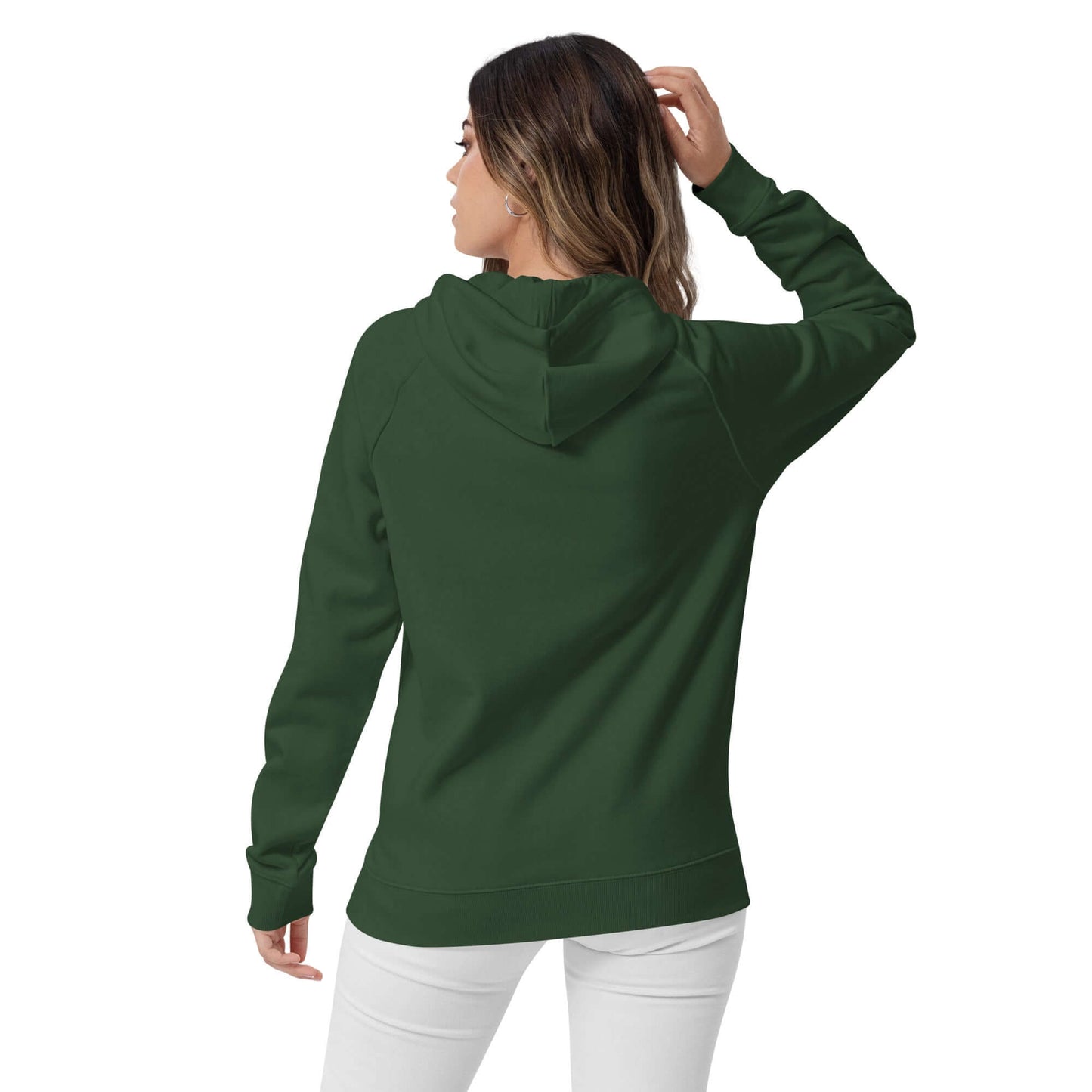 Rear view of woman wearing Unisex Bio-Raglan-Hoodie N°0 in forest green.