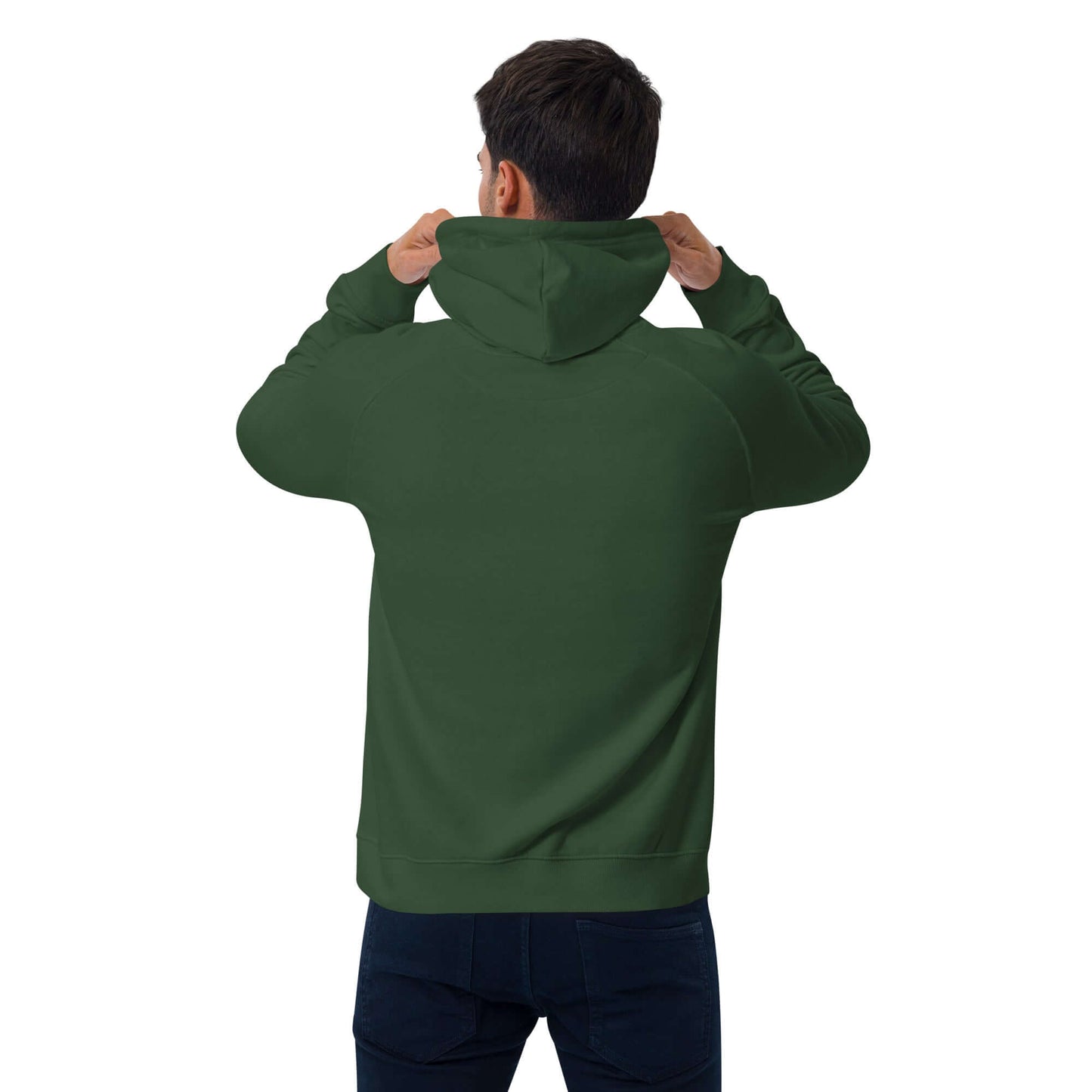 Back view of green Unisex Bio-Raglan-Hoodie N°0 showing soft interior and comfortable fit.