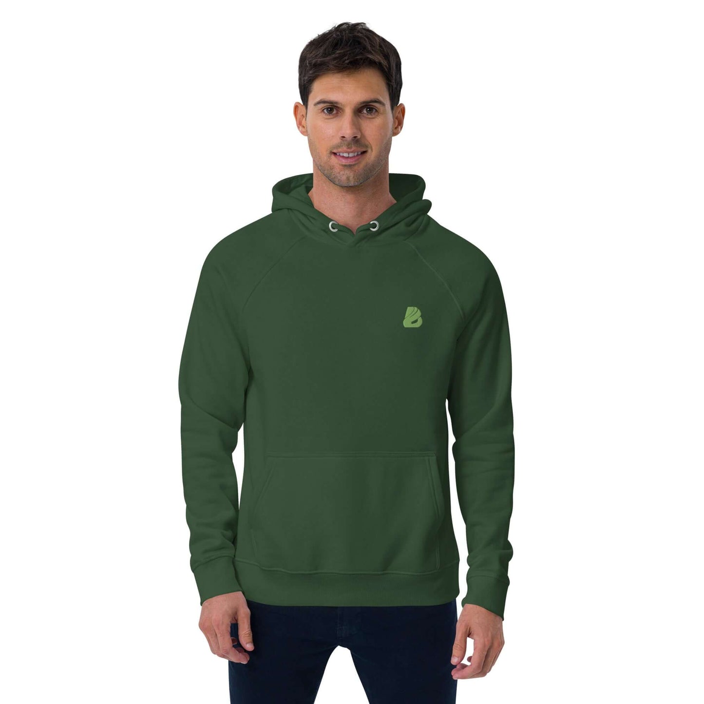 Man wearing Unisex Bio-Raglan-Hoodie N°0 in green standing against white background