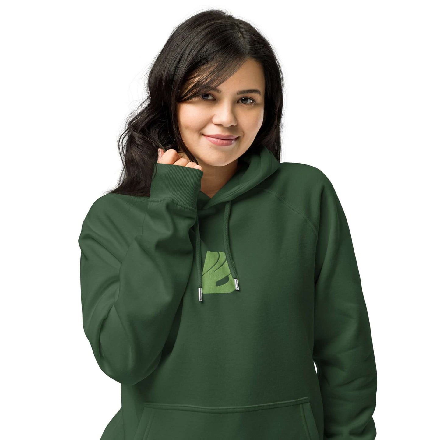 Woman wearing dark green Unisex Bio-Raglan-Hoodie N°2 with soft interior.