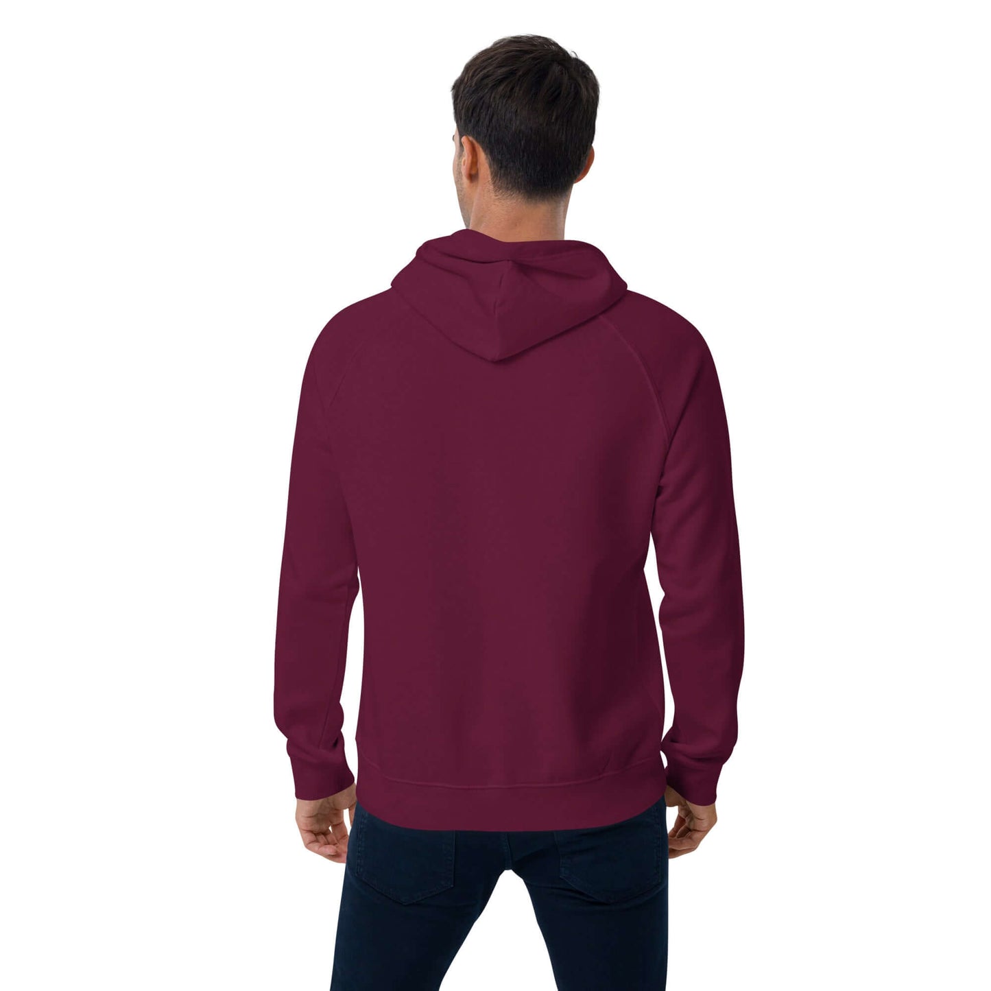 Rear view of man wearing Unisex Bio-Raglan-Hoodie N°0 in maroon, showcasing comfortable and stylish fit.