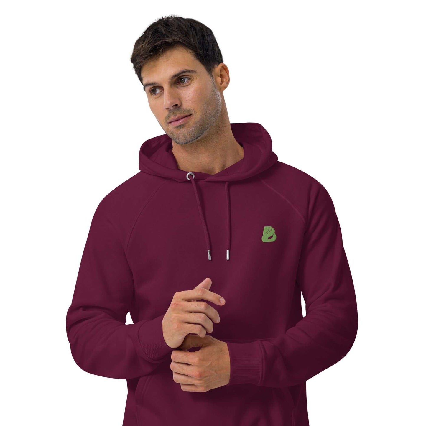 Man wearing Unisex Bio-Raglan-Hoodie N°0 in burgundy color with a stylish design