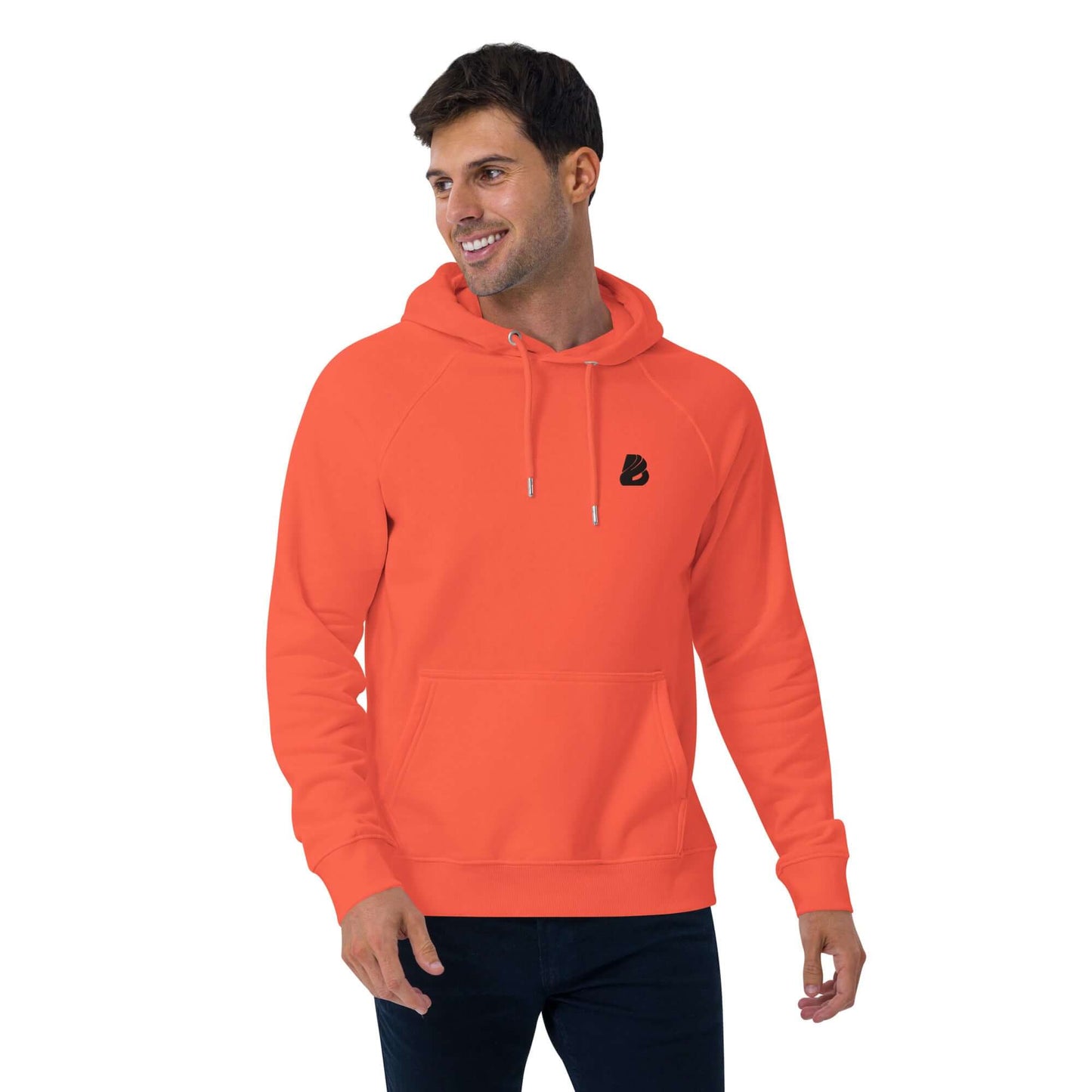 Unisex Bio-Raglan-Hoodie N°1 in vibrant orange worn by model, featuring soft fabric and stylish design for casual or upscale outfits.