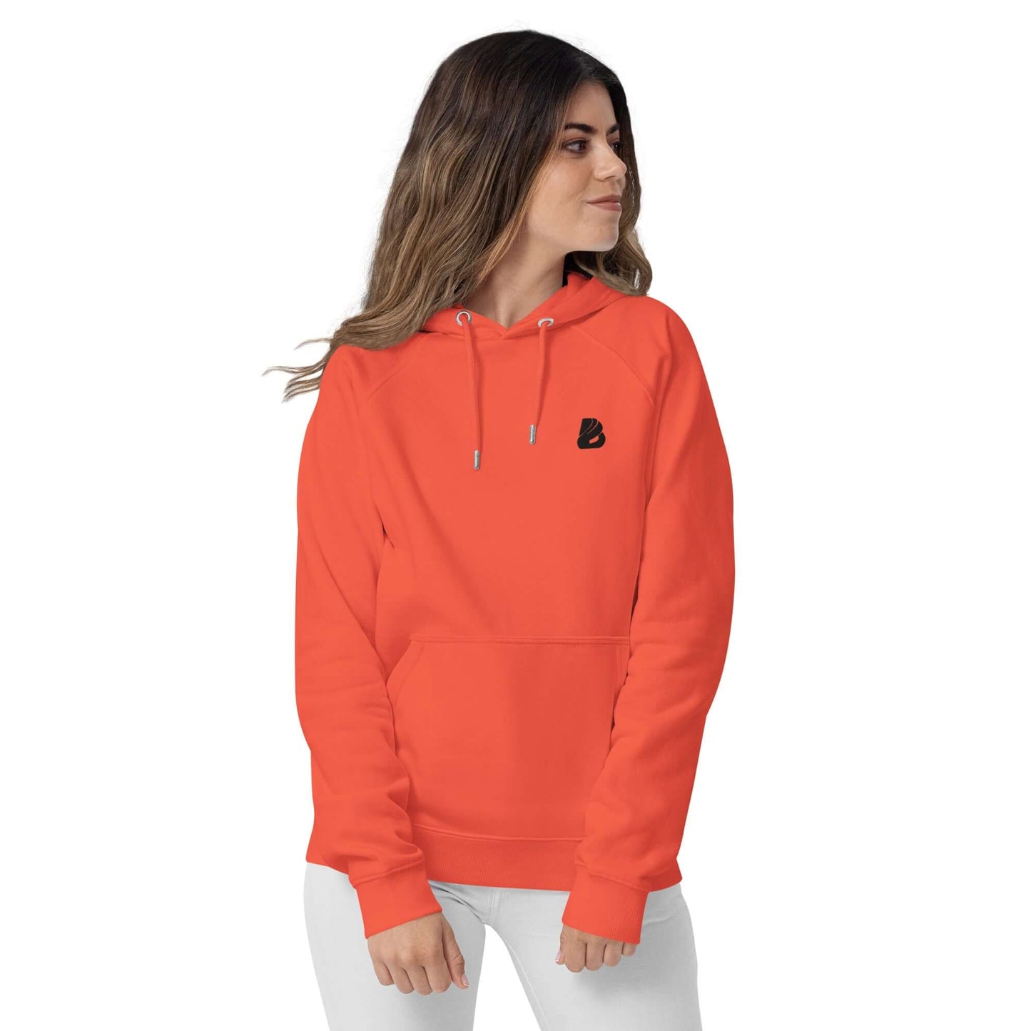 Woman wearing an orange Unisex Bio-Raglan-Hoodie N°1 with a stylish and comfortable design.