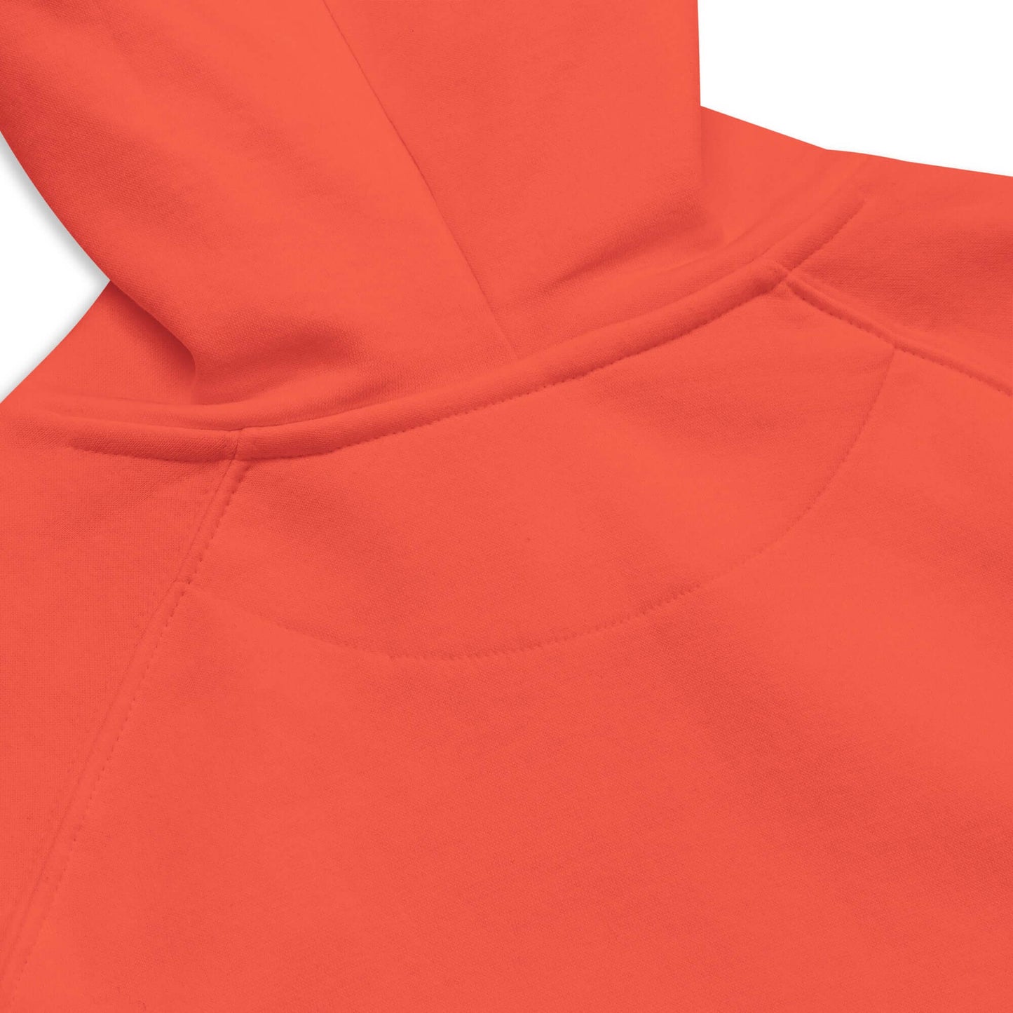 Close-up of Unisex Bio-Raglan-Hoodie N°1 in orange, showing soft fabric and stitching detail.