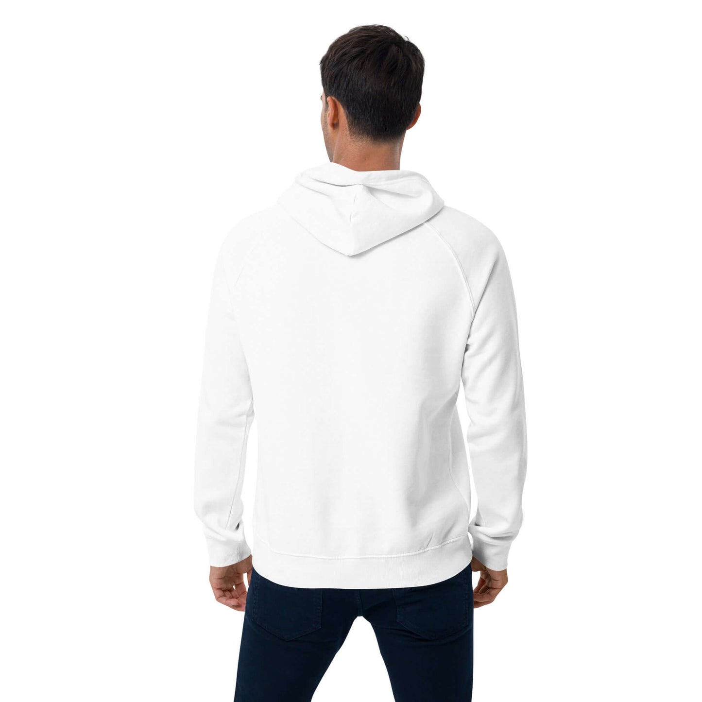 Back view of a model wearing the Unisex Bio-Raglan-Hoodie N°0 in white, showing the hood and comfortable fit.