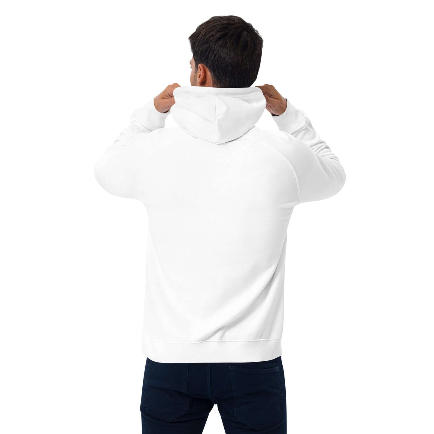 Back view of person wearing Unisex Bio-Raglan-Hoodie N°0 in white, highlighting comfort and casual style.
