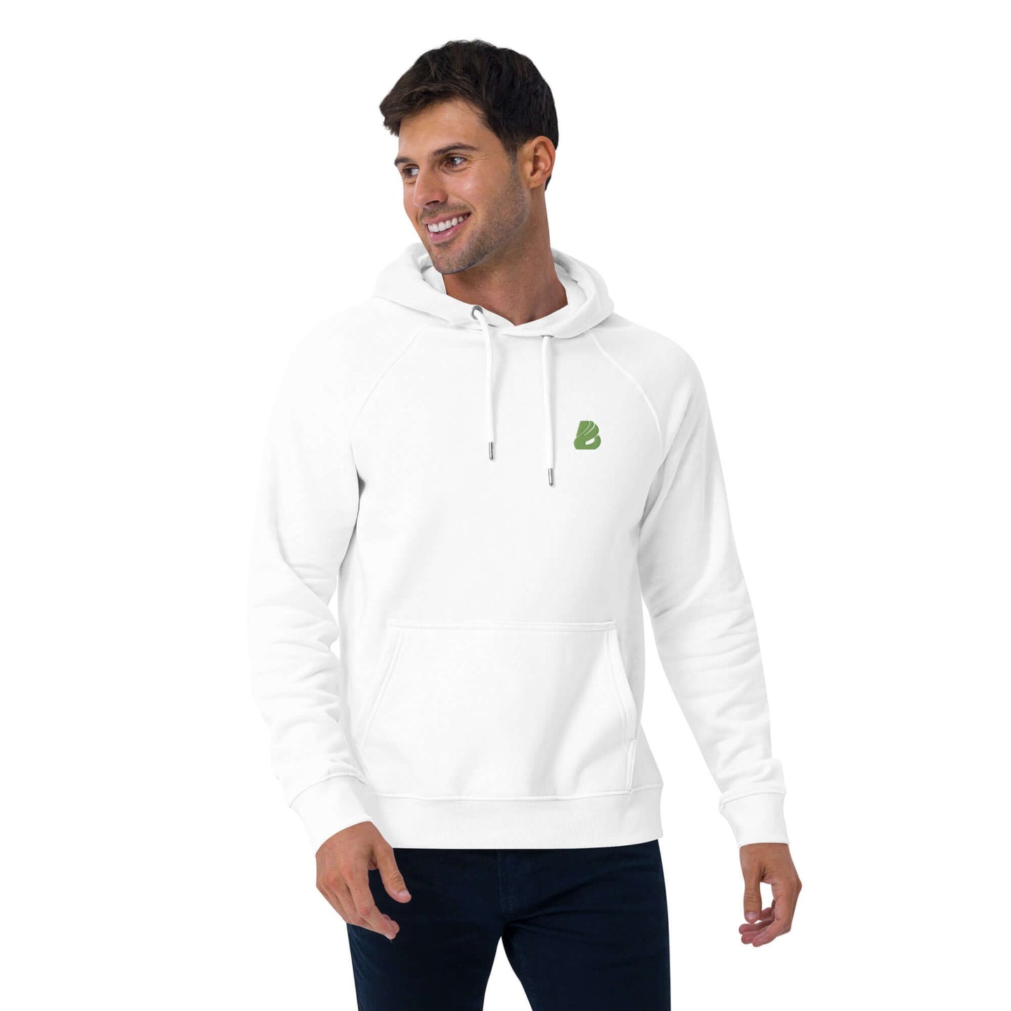 Man wearing Unisex Bio-Raglan-Hoodie N°0 in white, showcasing comfortable and stylish casual wear