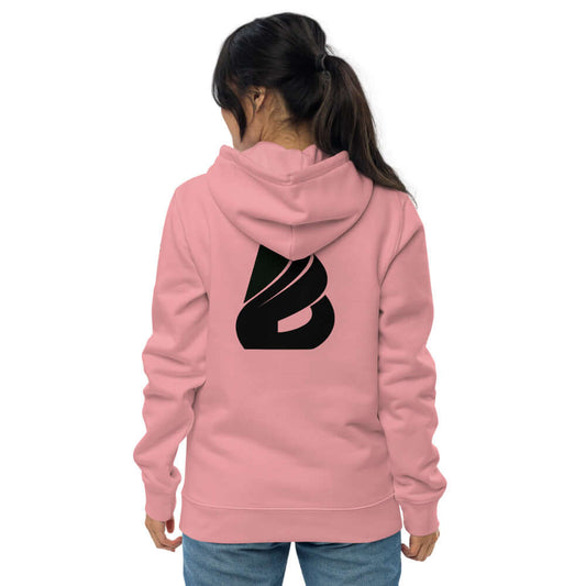 Rückansicht eines rosa Umweltfreundlicher Unisex-Kapuzenpullover N°0 mit schwarzem Logo, hergestellt aus organischen und recycelten Materialien