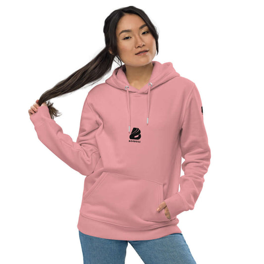 Umweltfreundlicher Unisex-Kapuzenpullover N°0, pink, aus organischen und recycelten Materialien, zweilagige Kapuze, vordere Tasche.