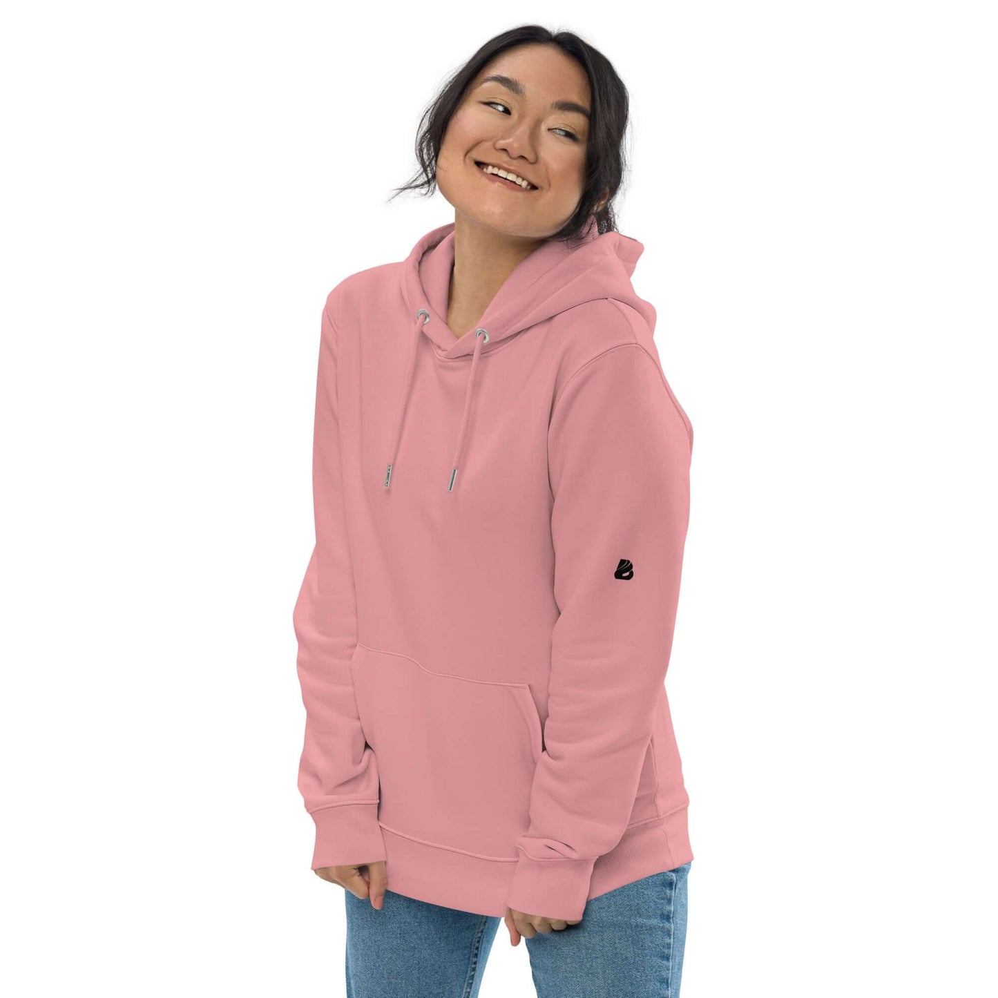 Umweltfreundlicher Unisex-Kapuzenpullover N°1, pink, aus organischer Baumwolle und recyceltem Polyester, getragen von model.