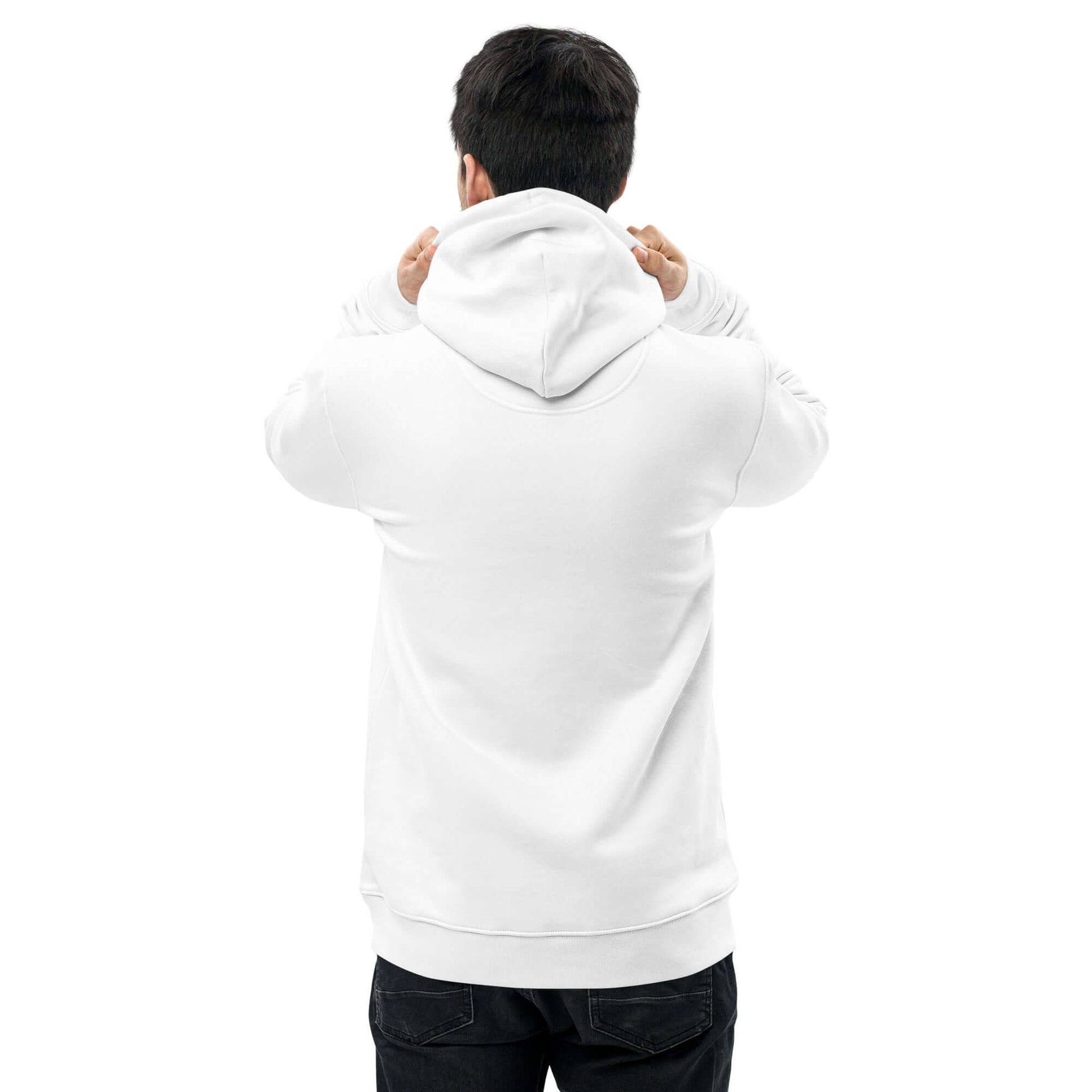 Person wearing Umweltfreundlicher Unisex-Kapuzenpullover N°1 in white, back view, displaying hood and regular fit.