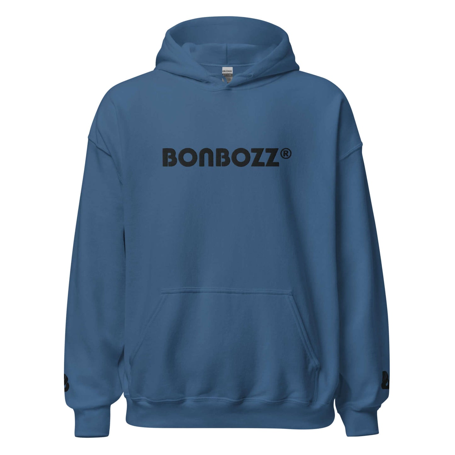 Unisex-Kapuzenpullover N°46 in blau mit Bonbozz-Logo, ideal für kühle Abende. Komfortabler Hoodie aus 50 % Baumwolle und 50 % Polyester.