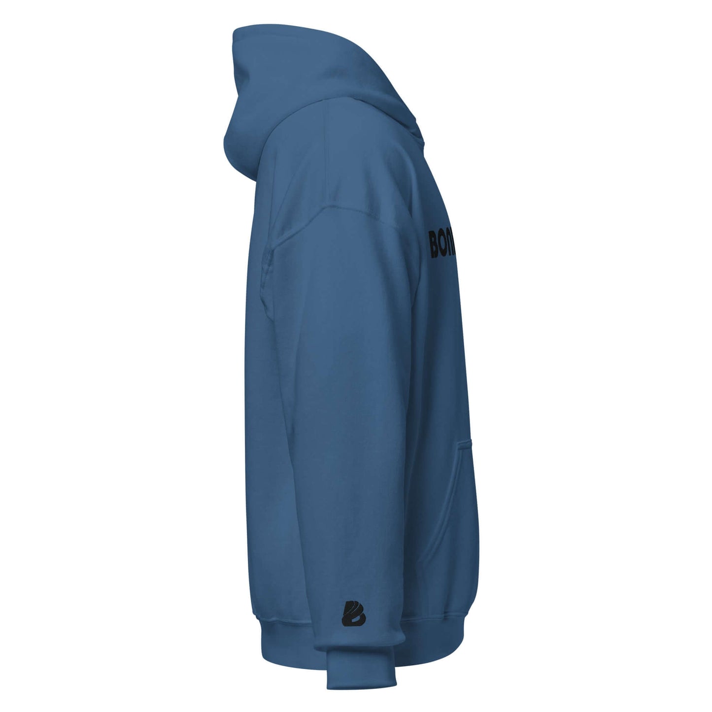 Unisex-Kapuzenpullover N°46 in Blau, seitliche Ansicht. Perfekte Wahl für Komfort und Stil an kühlen Abenden.
