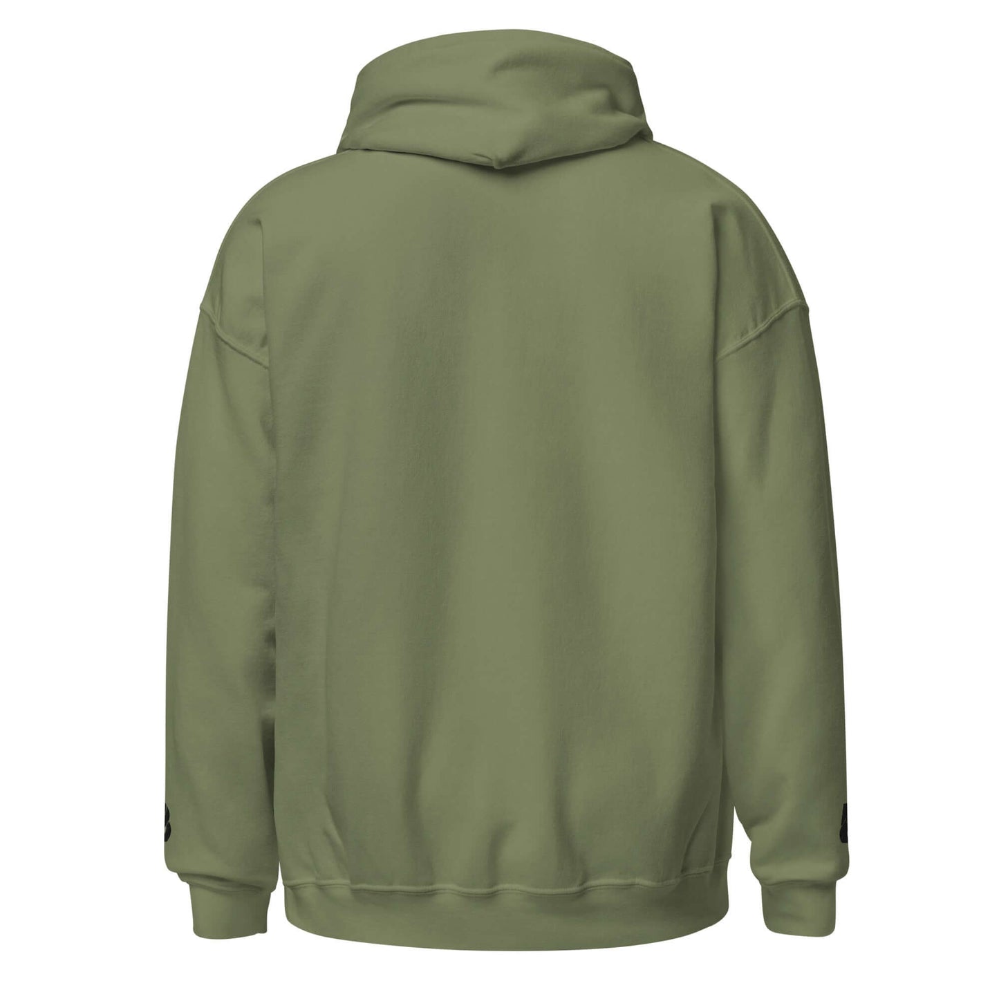 Rückansicht Unisex-Kapuzenpullover N°46 in Olivgrün aus Baumwoll-Polyester-Mischung, weicher Stoff, doppellagige Kapuze.