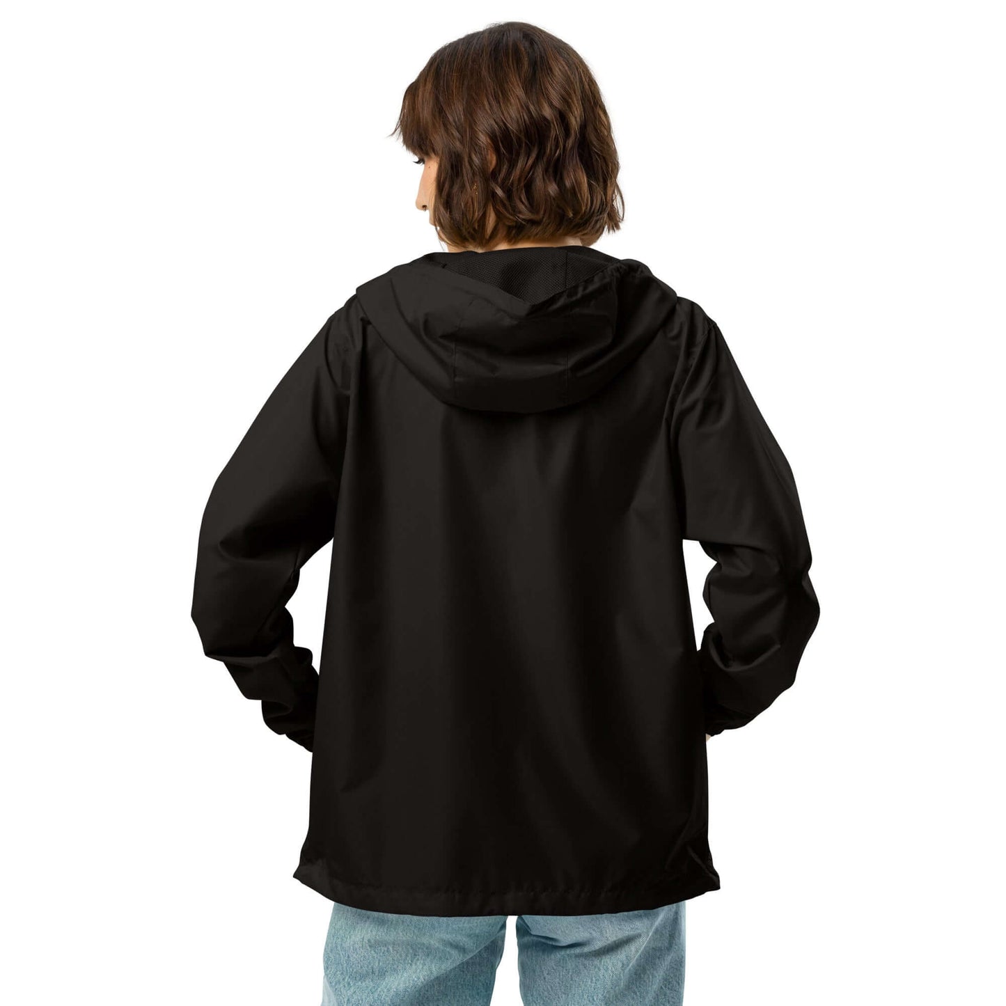 Rückansicht des Leichter Unisex-Windbreaker mit Reißverschluss N°0 in Schwarz, ideal für Outdoor-Abenteuer, wasserdicht und leicht