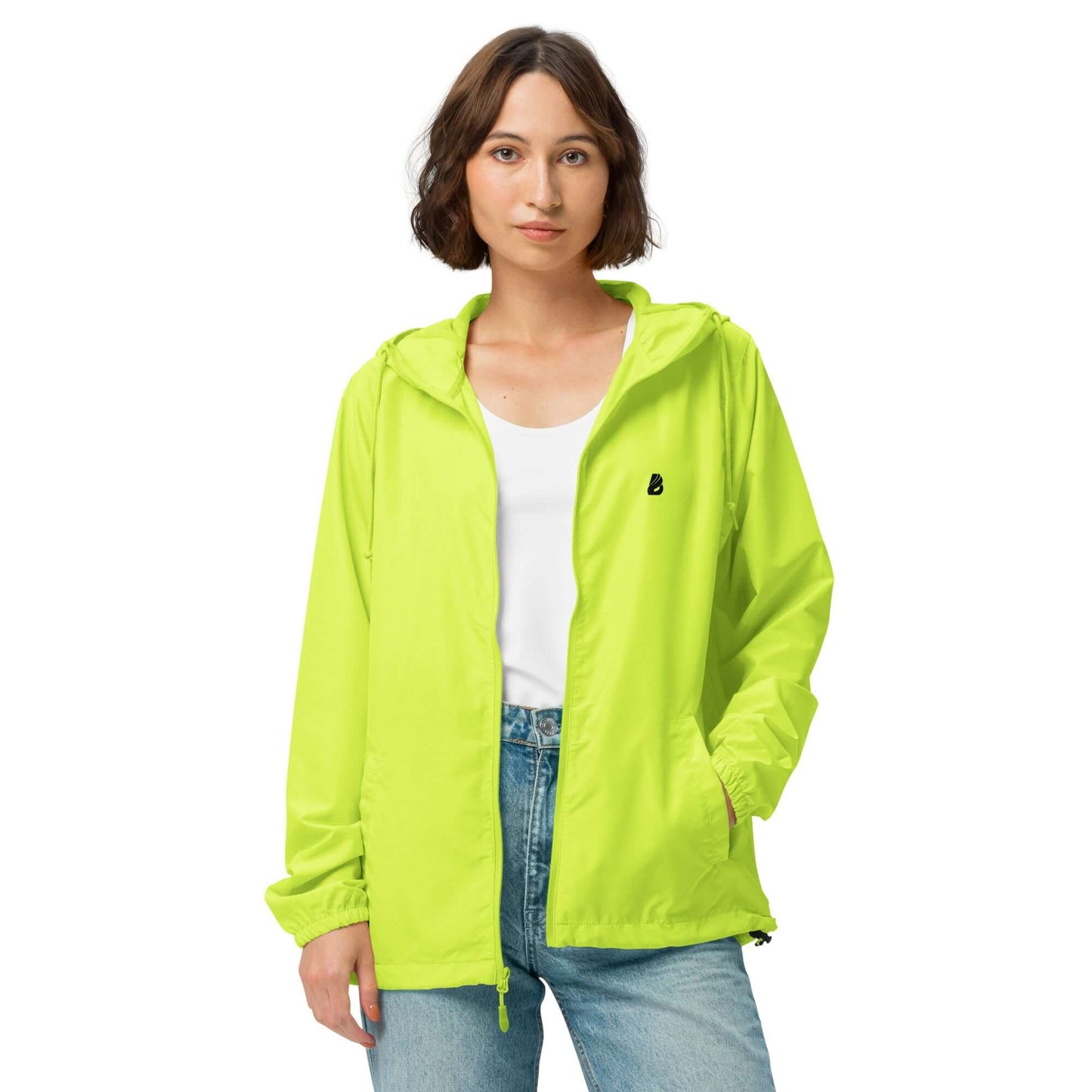 Leichter Unisex-Windbreaker mit Reißverschluss N°0 in neon-grün gehaltenem Design, wasserdicht, für Abenteuer und Reisen geeignet.