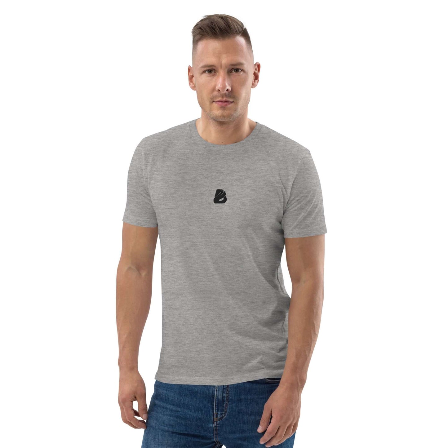 Unisex-Bio-Baumwoll-T-Shirt N°0 aus organischer Baumwolle, grau, getragen von Model, umweltfreundlich, bequem, Medium-Fit.
