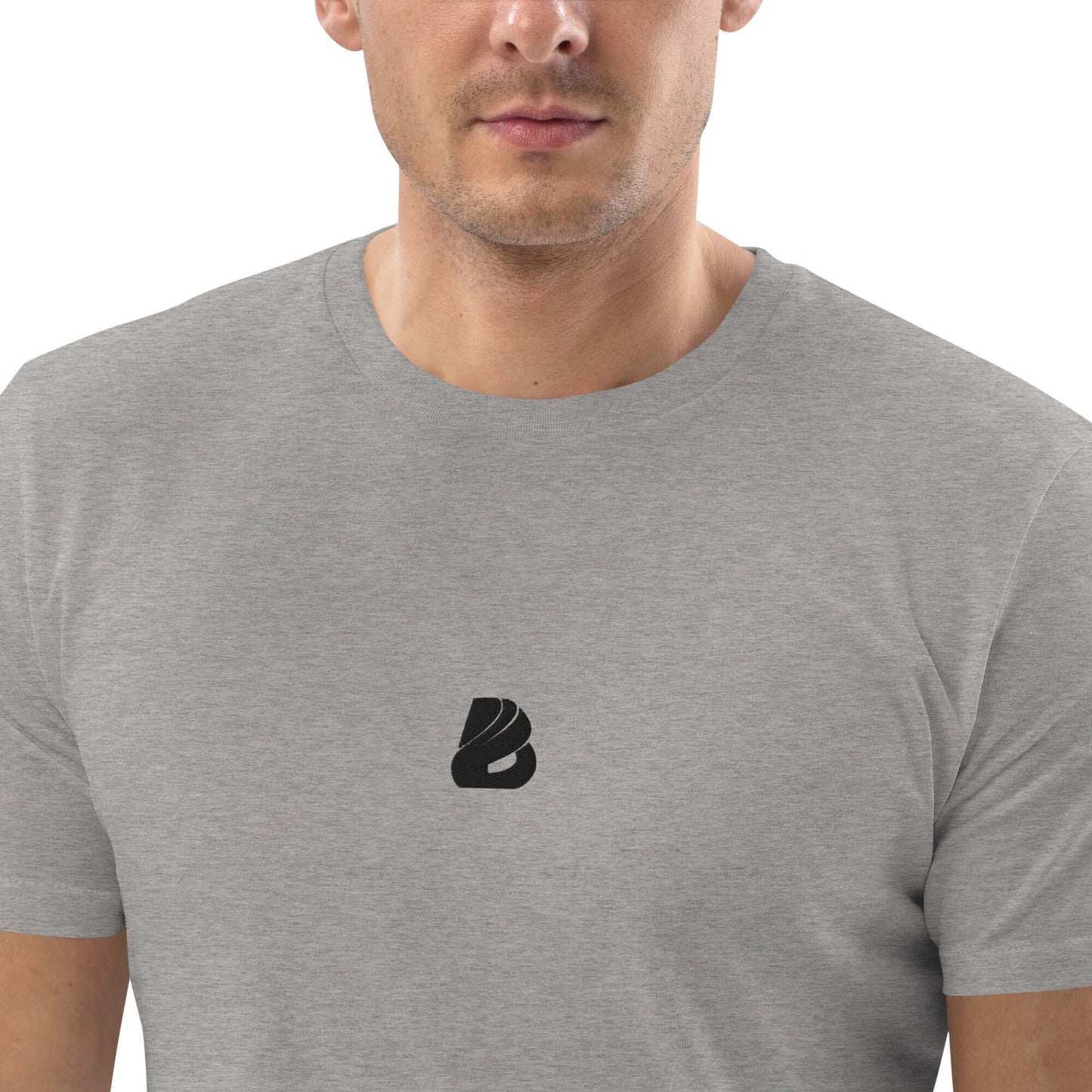Unisex-Bio-Baumwoll-T-Shirt N°0 in grey, made from 100% organic ring-spun cotton, featuring a minimalist logo, eco-friendly fashion.
